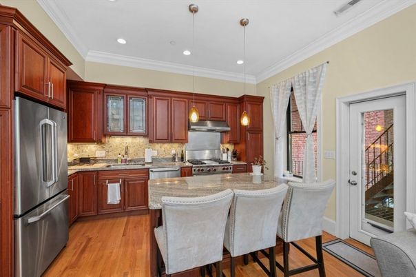 Interior, Kitchen, Pendant Lights, Recessed Lighting, Stainless Steel Appliances, Wood Texture Flooring