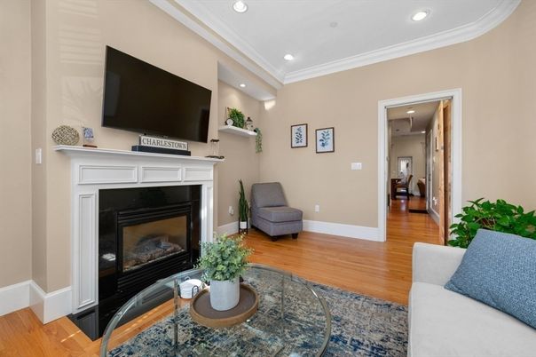 Fireplace, Interior, Living room, Recessed Lighting, Wood Texture Flooring