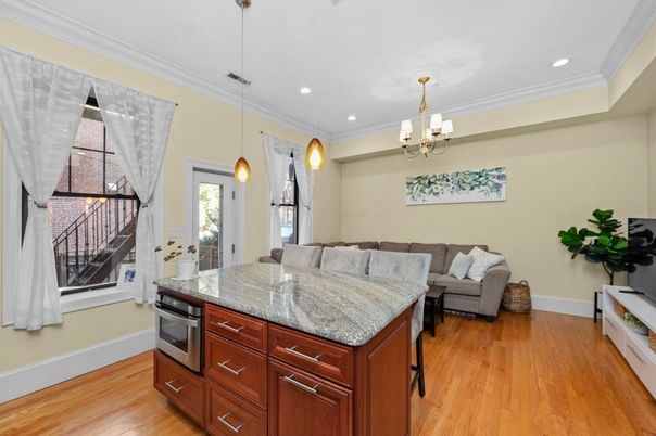 Chandelier, Interior, Kitchen, Living room, Pendant Lights, Recessed Lighting, Wood Texture Flooring