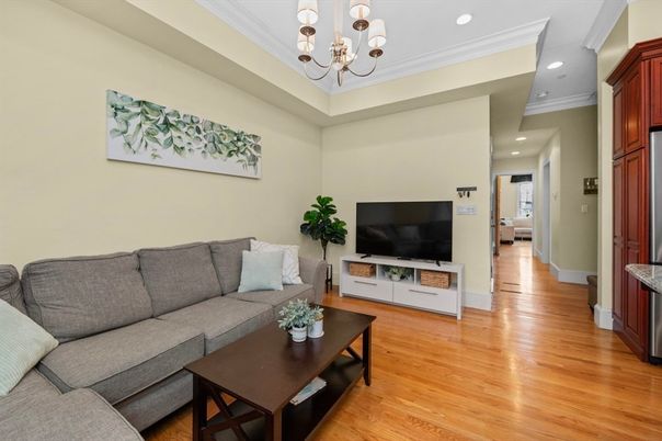 Chandelier, Interior, Living room, Recessed Lighting, Wood Texture Flooring
