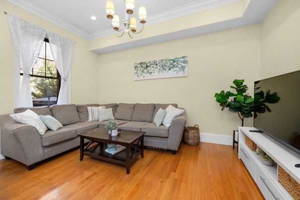 Chandelier, Interior, Living room, Recessed Lighting, Wood Texture Flooring