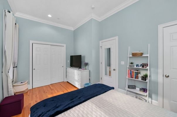 Bedroom, Interior, Recessed Lighting, Wood Texture Flooring