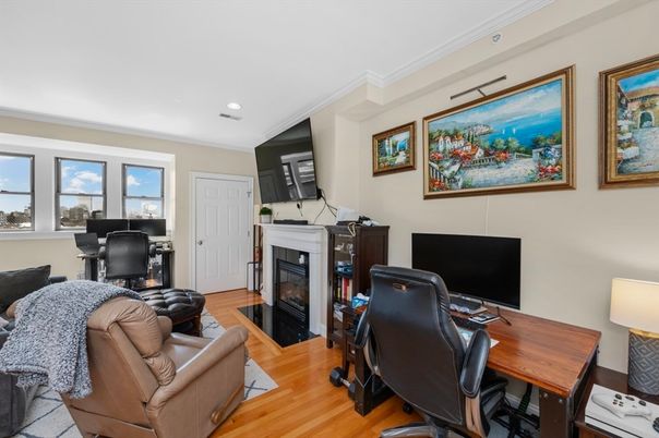 Fireplace, Home Office, Interior, Living room, Recessed Lighting, Wood Texture Flooring