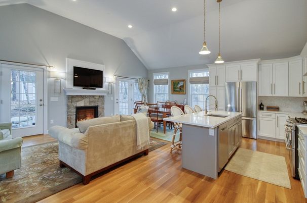 Dining room, Fireplace, Interior, Kitchen, Living room, Pendant Lights, Recessed Lighting, Stainless Steel Appliances, Wood Texture Flooring
