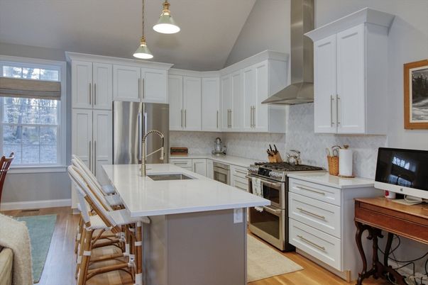 Interior, Kitchen, Pendant Lights, Stainless Steel Appliances, Wood Texture Flooring
