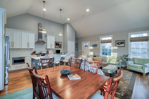 Dining room, Interior, Kitchen, Living room, Pendant Lights, Recessed Lighting, Stainless Steel Appliances, Wood Texture Flooring
