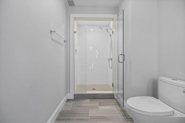 Bathroom, Glass Shower, Interior, Wood Texture Flooring