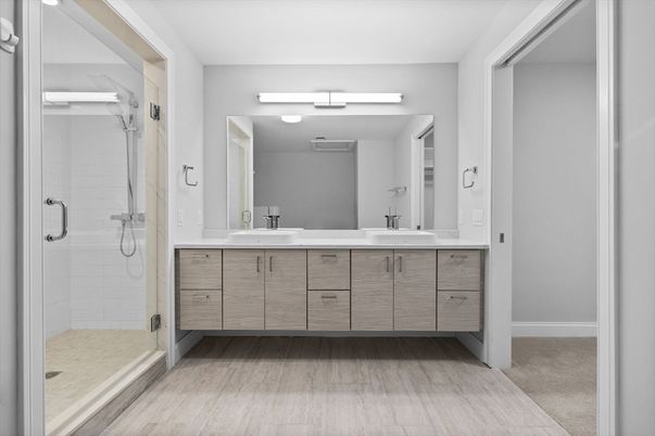 Bathroom, Dual Sink Vanities, Glass Shower, Interior