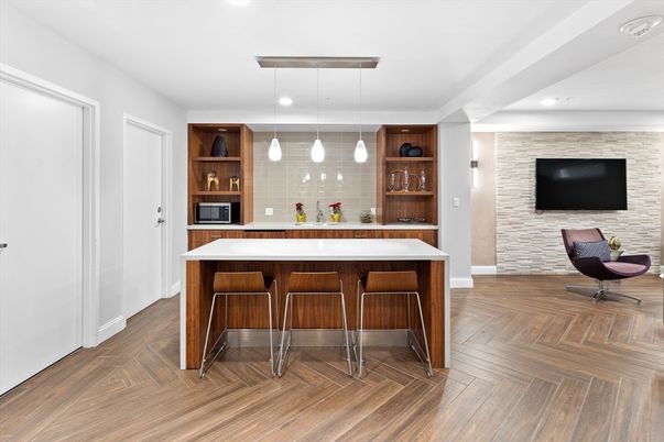 Interior, Kitchen, Pendant Lights, Recessed Lighting, Stone Walls, Wood Texture Flooring