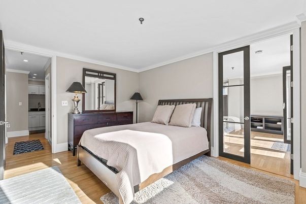 Bedroom, Interior, Recessed Lighting, Wood Texture Flooring