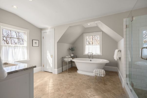 Bathroom, Free Standing Baths, Glass Shower, Interior, Recessed Lighting