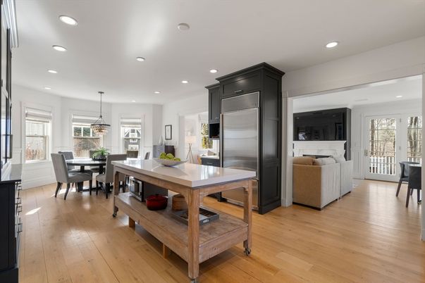 Dining room, Interior, Kitchen, Pendant Lights, Recessed Lighting, Stainless Steel Appliances, Wood Texture Flooring