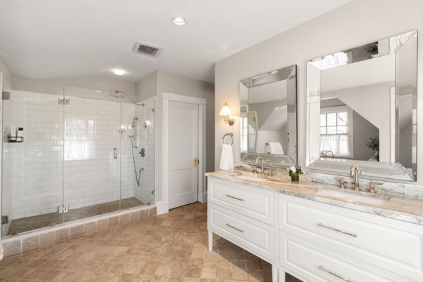 Bathroom, Dual Sink Vanities, Glass Shower, Interior, Recessed Lighting