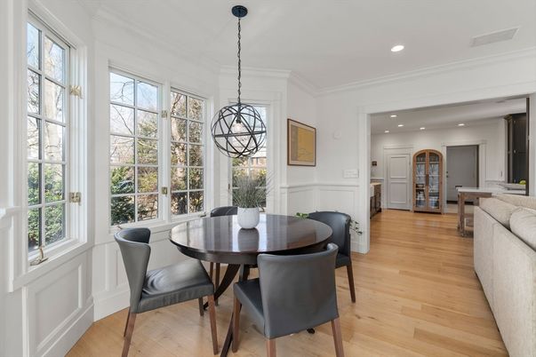 Chandelier, Dining room, Interior, Pendant Lights, Recessed Lighting, Wood Texture Flooring