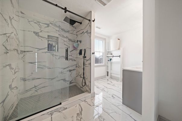 Bathroom, Glass Shower, Interior, Marble, Marble Walls