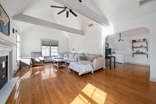 Fireplace, Interior, Living room, Pendant Lights, Wood Texture Flooring
