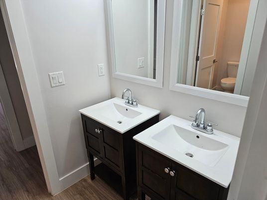 Bathroom, Dual Sink Vanities, Interior, Wood Texture Flooring