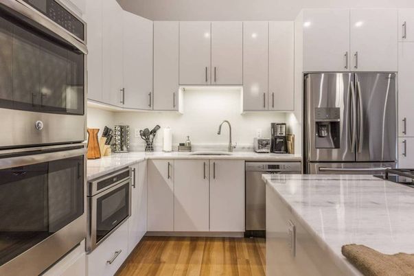 Interior, Kitchen, Recessed Lighting, Stainless Steel Appliances, Wood Texture Flooring