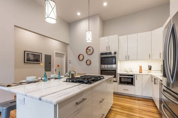 Interior, Kitchen, Pendant Lights, Recessed Lighting, Stainless Steel Appliances, Wood Texture Flooring