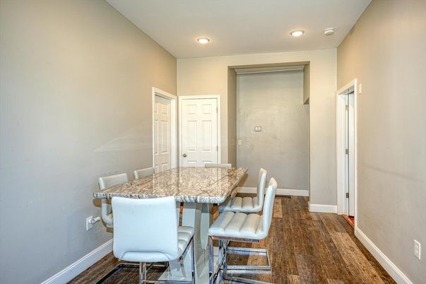 Dining room, Interior, Recessed Lighting, Wood Texture Flooring