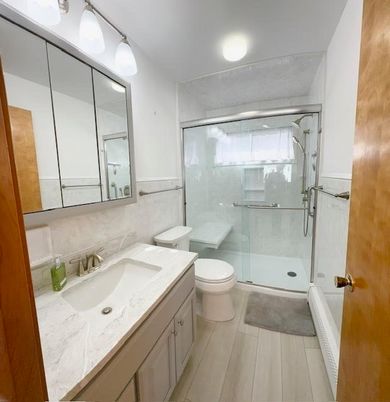Bathroom, Glass Shower, Interior, Wood Texture Flooring