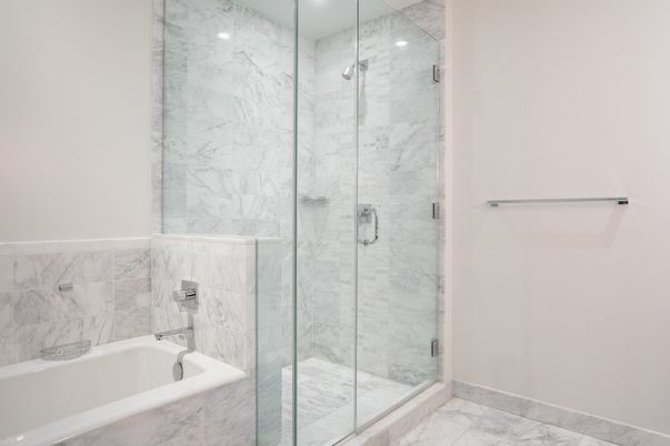 Bathroom, Glass Shower, Interior, Marble, Marble Walls, Recessed Lighting