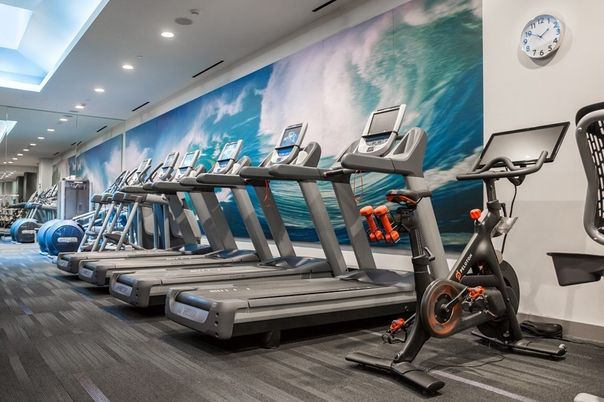 Fitness Equipment, Gym, Interior, Recessed Lighting, Wood Texture Flooring
