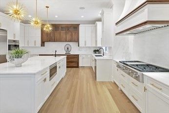 Interior, Kitchen, Pendant Lights, Recessed Lighting, Stainless Steel Appliances, Wood Texture Flooring