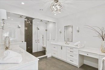 Bathroom, Chandelier, Dual Sink Vanities, Glass Shower, Interior, Recessed Lighting, Wood Texture Flooring