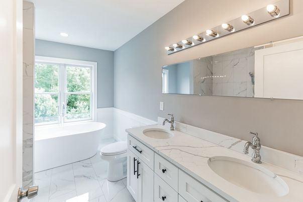 Bathroom, Dual Sink Vanities, Free Standing Baths, Interior, Marble, Marble Walls, Recessed Lighting