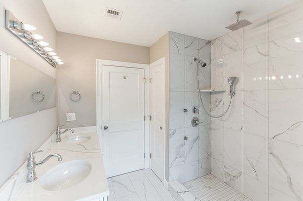 Bathroom, Dual Sink Vanities, Glass Shower, Interior, Marble, Marble Walls