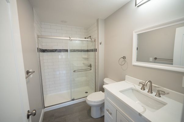 Bathroom, Glass Shower, Interior, Wood Texture Flooring