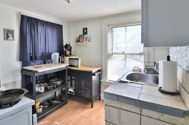 Interior, Kitchen, Tile Countertops, Wood Texture Flooring