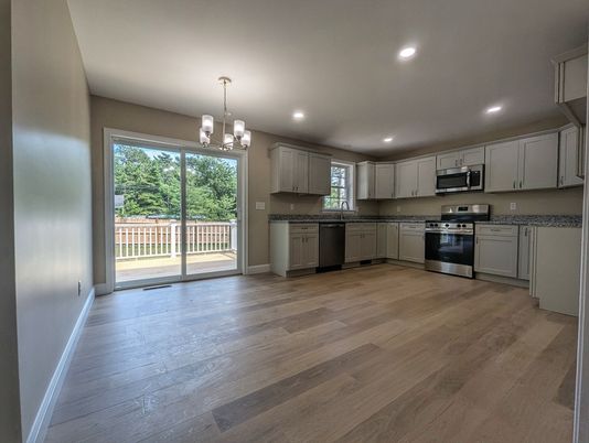 Chandelier, Interior, Kitchen, Pendant Lights, Recessed Lighting, Stainless Steel Appliances, Wood Texture Flooring
