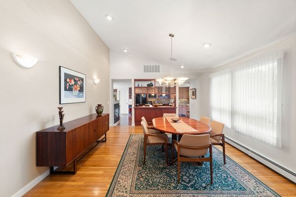 Chandelier, Dining room, Interior, Pendant Lights, Recessed Lighting, Wood Texture Flooring