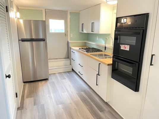 Interior, Kitchen, Stainless Steel Appliances, Wood Texture Flooring