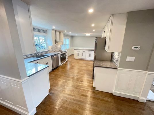 Interior, Kitchen, Recessed Lighting, Stainless Steel Appliances, Wood Texture Flooring