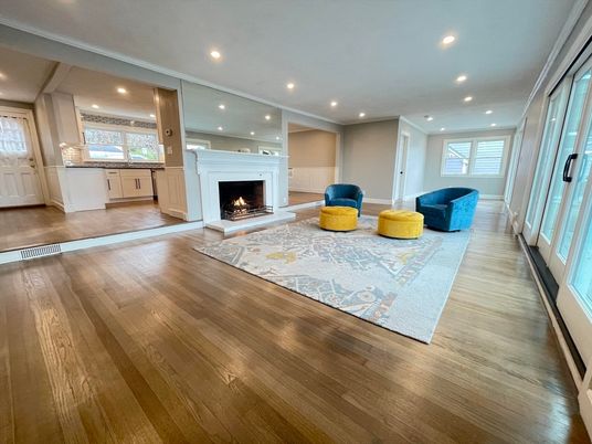 Fireplace, Interior, Living room, Recessed Lighting, Wood Texture Flooring