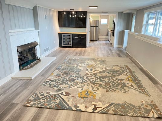 Fireplace, Interior, Kitchen, Recessed Lighting, Stainless Steel Appliances, Wood Texture Flooring