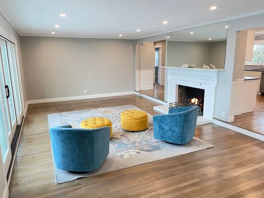 Fireplace, Interior, Living room, Recessed Lighting, Wood Texture Flooring