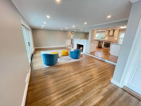 Fireplace, Interior, Kitchen, Living room, Recessed Lighting, Wood Texture Flooring