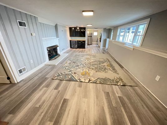 Fireplace, Interior, Pendant Lights, Wood Texture Flooring