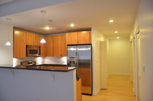 Interior, Kitchen, Pendant Lights, Recessed Lighting, Stainless Steel Appliances, Wood Texture Flooring