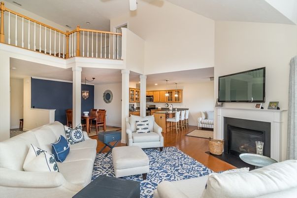 Dining room, Fireplace, Interior, Kitchen, Living room, Pendant Lights, Recessed Lighting, Wood Texture Flooring