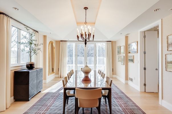 Chandelier, Dining room, Interior, Recessed Lighting, Wood Texture Flooring