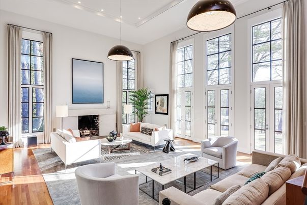 Fireplace, Interior, Living room, Pendant Lights, Recessed Lighting, Wood Texture Flooring