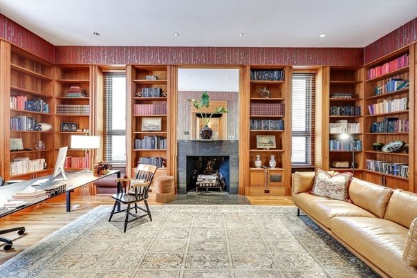 Fireplace, Home Office, Interior, Recessed Lighting, Wood Texture Flooring