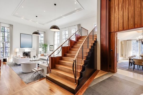 Chandelier, Dining room, Fireplace, Interior, Living room, Pendant Lights, Recessed Lighting, Wood Texture Flooring
