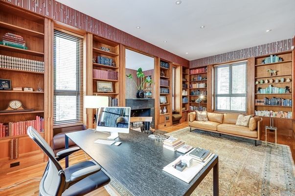 Fireplace, Home Office, Interior, Living room, Recessed Lighting, Wood Texture Flooring