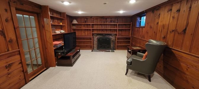 Fireplace, Home Office, Interior, Recessed Lighting, Wooden Walls